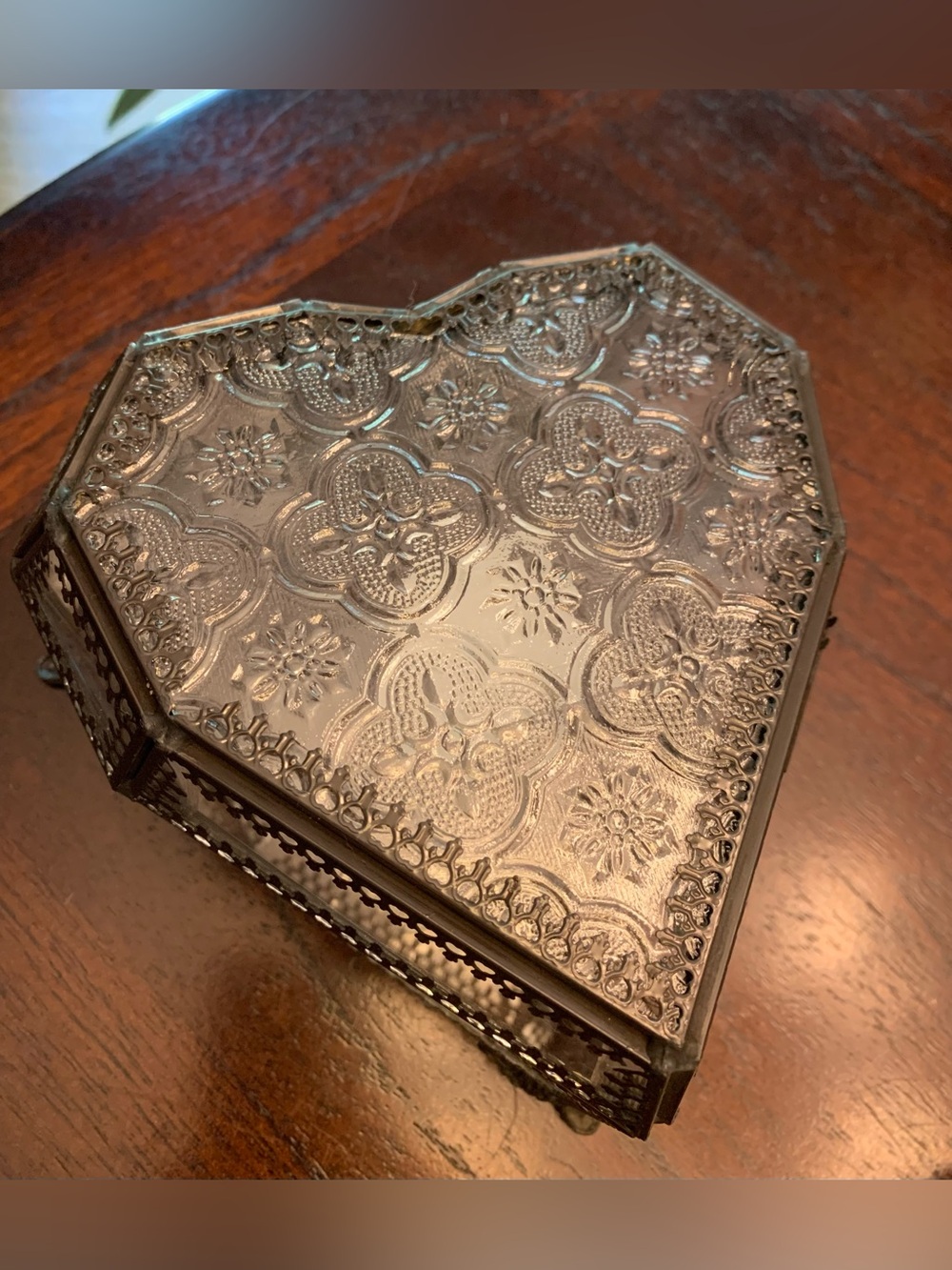 Ashland Embossed Metal Heart Jewelry Box in Silver and Glass